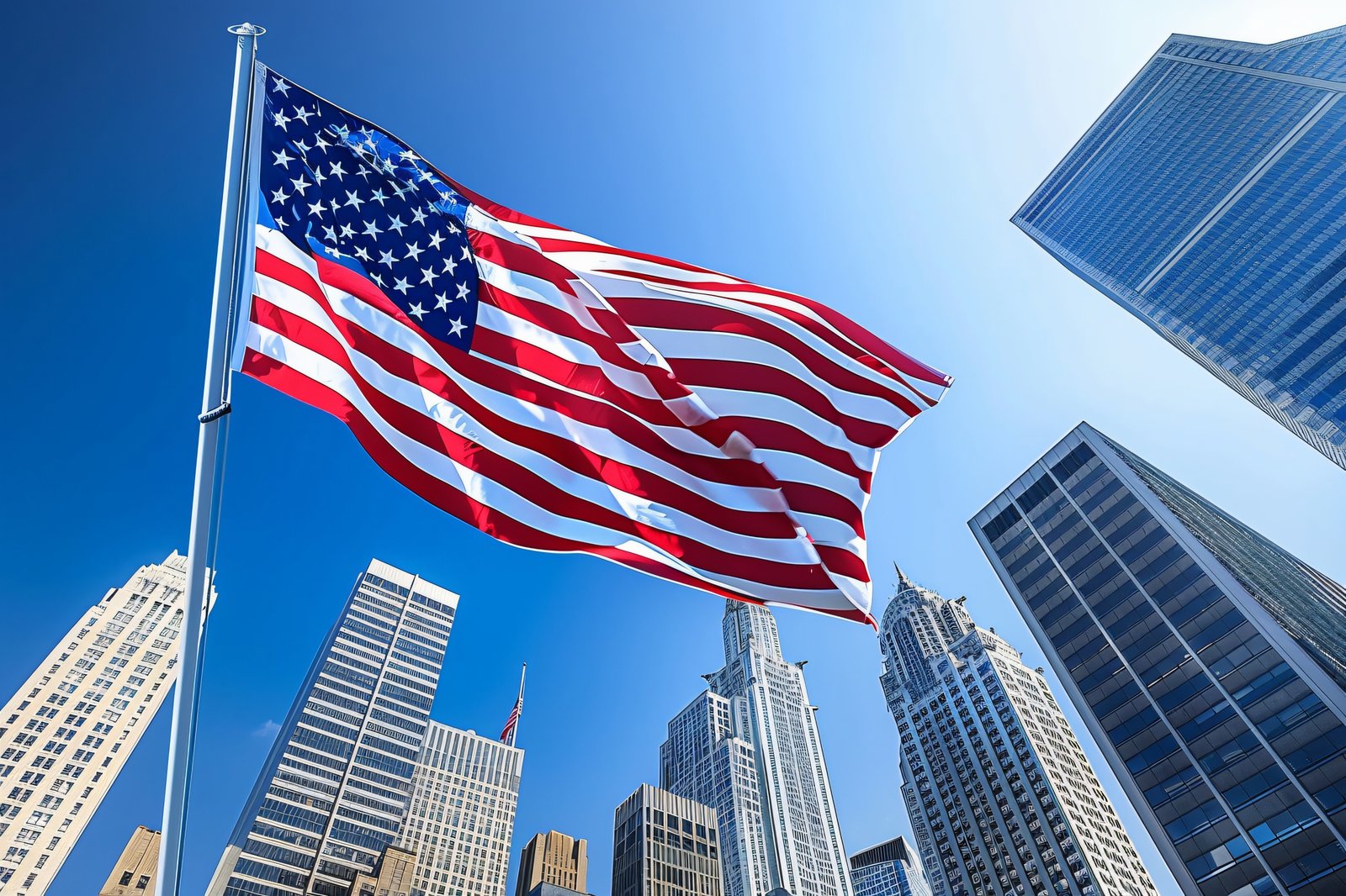Bandera de Estados Unidos entre edificios