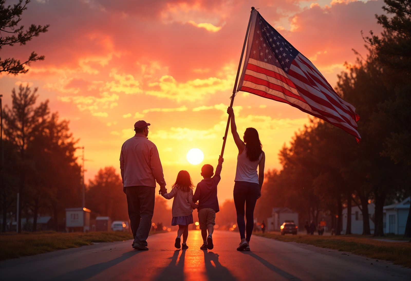 Familia caminando con bandera de Estados Unidos