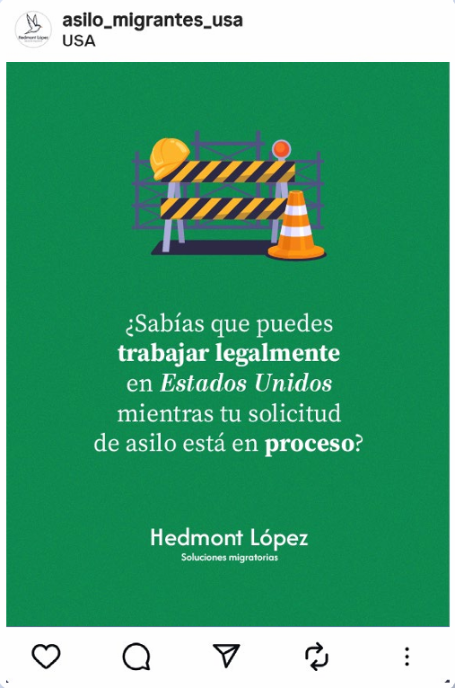 Publicación sobre trabajar legalmente en Estados Unidos mientras el asilo está en proceso